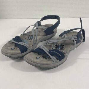 Skechers Memory Foam Reggae Slim Take Two Navy Blue Sandals 163112 Women 8 EUC